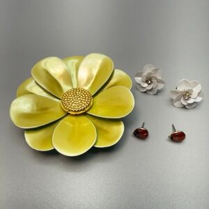 Vintage Brooch Earring Lot Lime Green Enamel Gold Tone Flower Ladybug Enamel